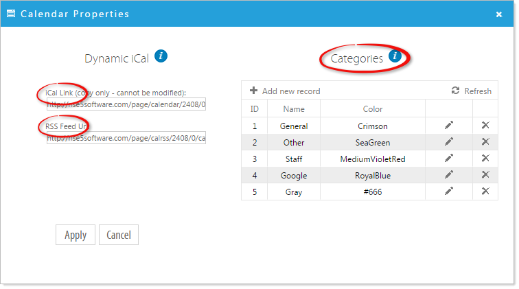Calendar properties dialog
